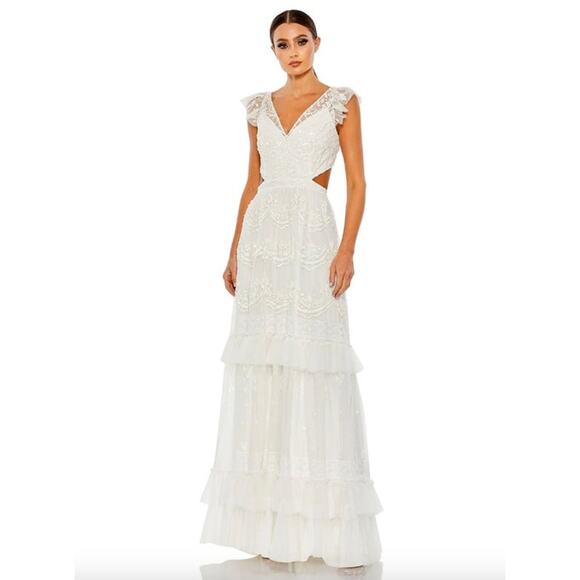 MAC DUGGAL Dress Size 2 Evening Gown Sequin NEW White Ruffle Cap Sleeve Cut Out - Picture 1 of 8